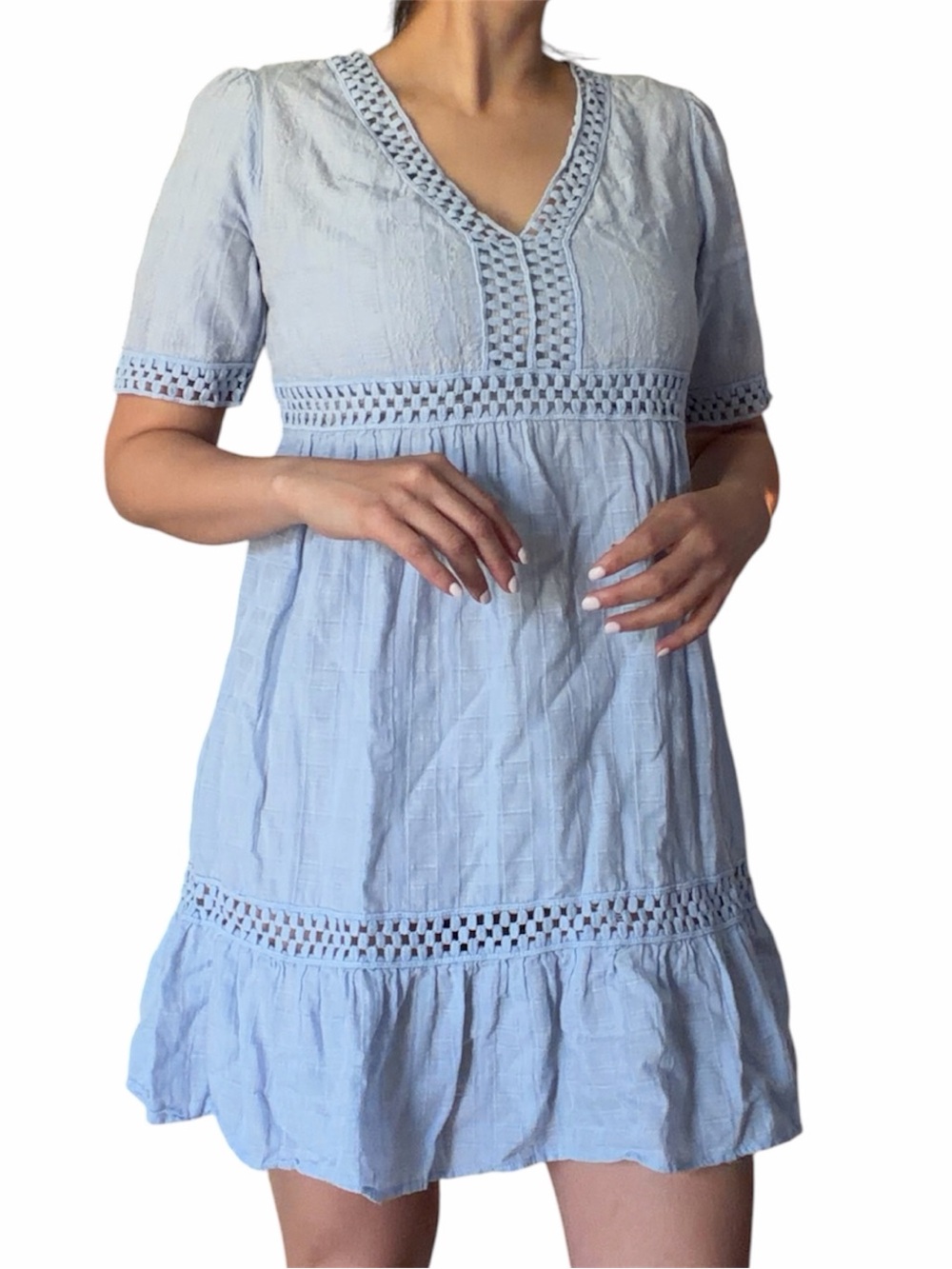 Knox Rose Womens Peasant Mini Dress Medium Light Blue Embroidered Coastal